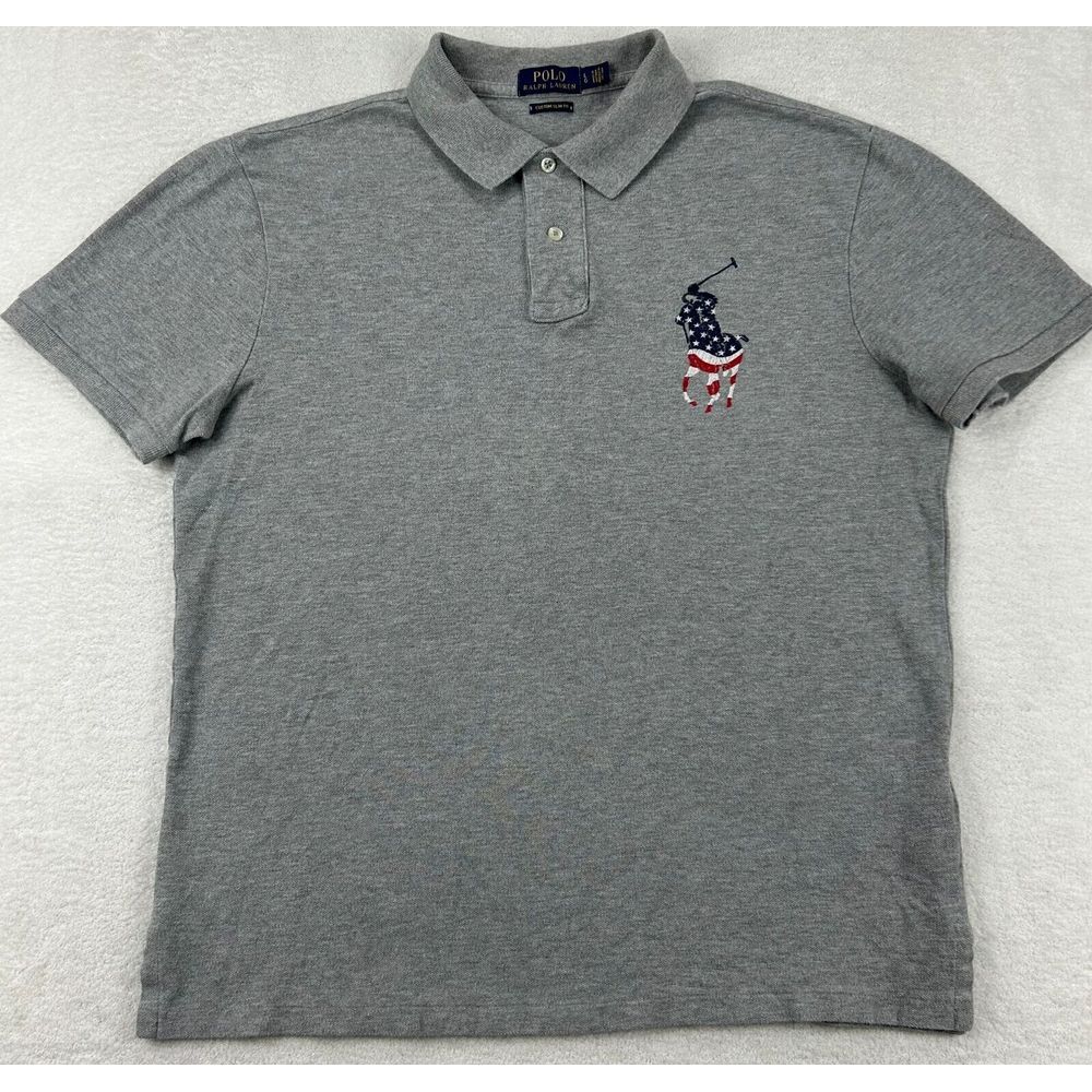 Polo Ralph Lauren Custom Slim Fit Men L Gray Embordered Big Pony Red White Blue - Picture 3 of 9